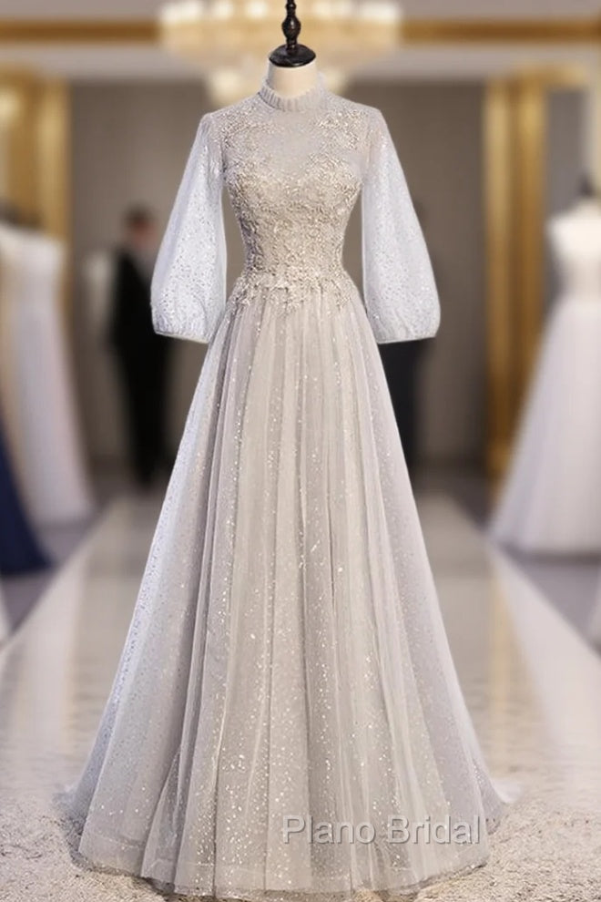 Gray Tulle Long Sleeve Sequins Beading Formal Prom Dresses