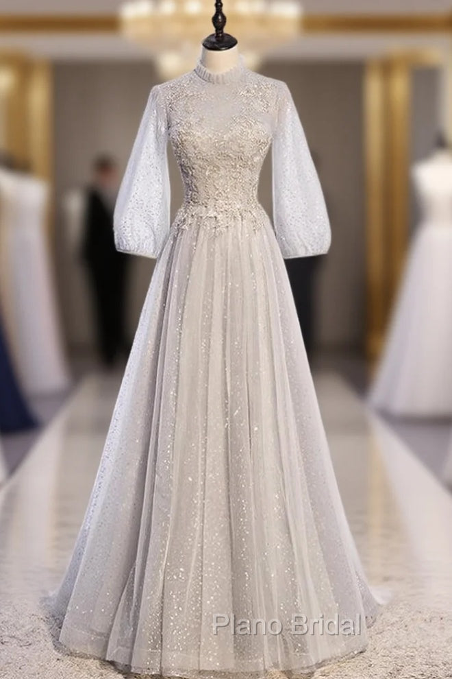 Gray Tulle Long Sleeve Sequins Beading Formal Prom Dresses Main image