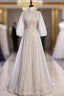 Gray Tulle Long Sleeve Sequins Beading Formal Prom Dresses