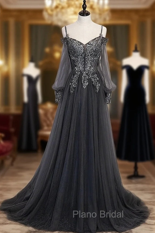 Gray Tulle Long Sleeve Spaghetti Straps Appliques Beading Formal Prom Dresses Main image