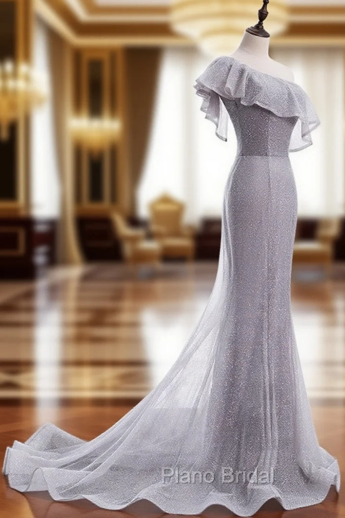 Gray Tulle Mermaid Long Formal Prom Dresses Gray Tulle Formal Dresses Main image