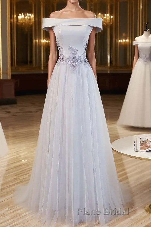 Gray tulle off shoulder lace long Formal Prom dress gray tulle formal dress Main image