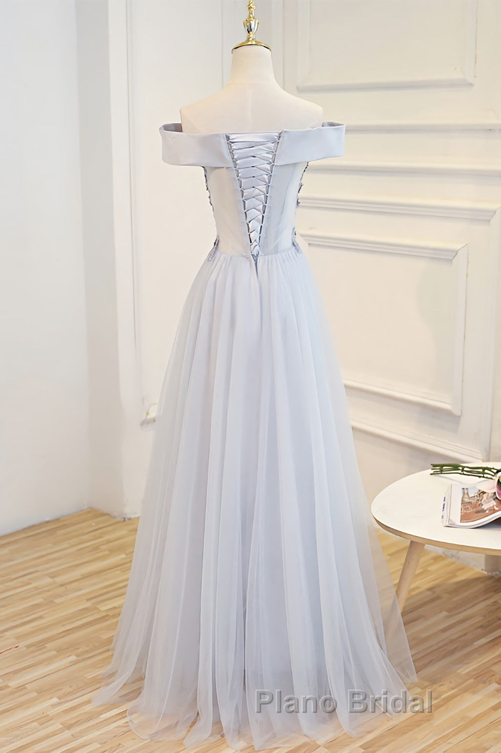 Gray tulle off shoulder lace long Formal Prom dress gray tulle formal dress Secondary image