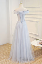 Gray tulle off shoulder lace long Formal Prom dress gray tulle formal dress