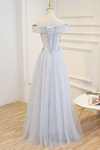 Gray tulle off shoulder lace long Formal Prom dress gray tulle formal dress