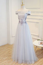 Gray tulle off shoulder lace long Formal Prom dress gray tulle formal dress