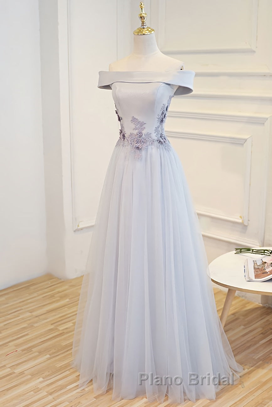 Gray tulle off shoulder lace long Formal Prom dress gray tulle formal dress