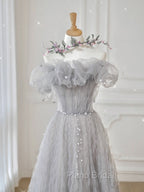 Gray Tulle Off Shoulder Long Formal Prom Dresses, Gray Evening Dresses
