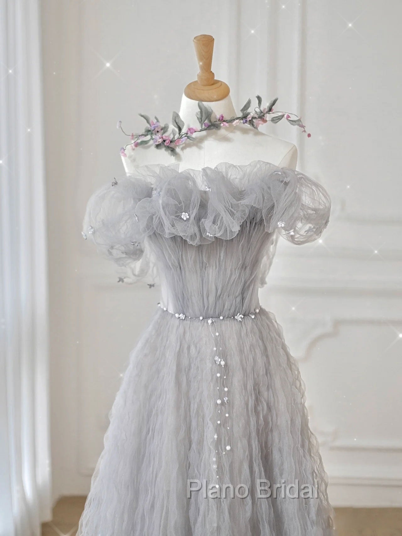 Gray Tulle Off Shoulder Long Formal Prom Dresses, Gray Evening Dresses