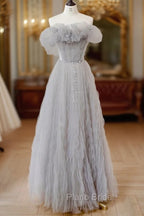 Gray Tulle Off Shoulder Long Formal Prom Dresses, Gray Evening Dresses