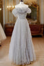 Gray Tulle Off Shoulder Long Formal Prom Dresses, Gray Evening Dresses