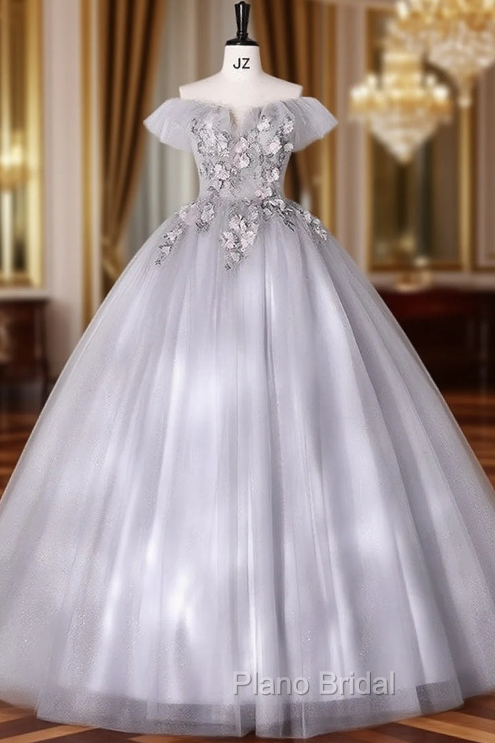 Gray Tulle Off the Shoulder Appliques Quinceanera Dresses Main image