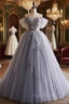 Gray Tulle Off the Shoulder Beading Off the Shoulder Formal Prom Dresses