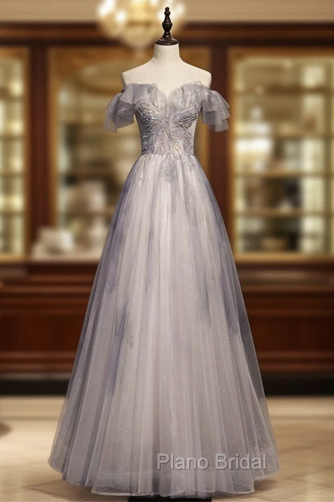 Gray Tulle Off the Shoulder Beading Formal Prom Dresses Main image