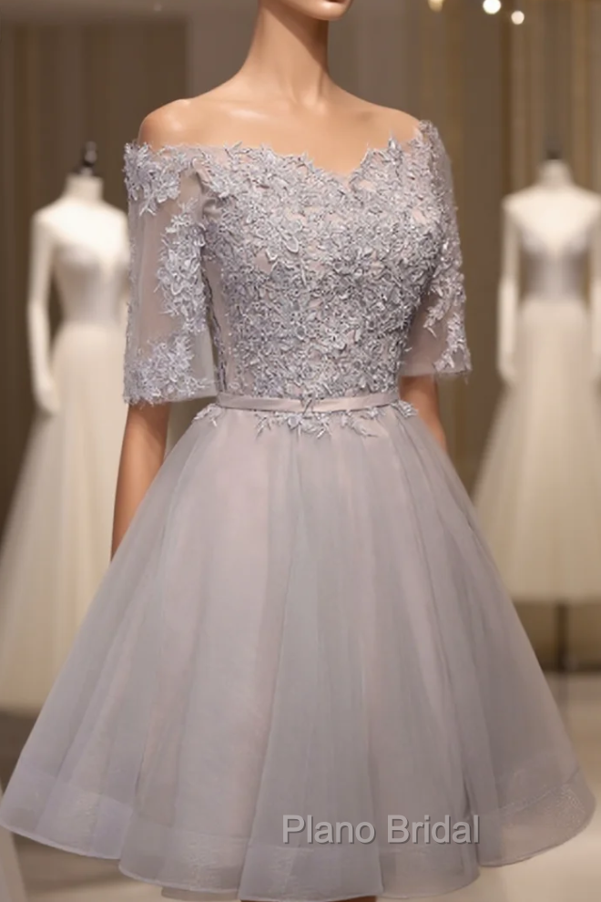 Gray Tulle Off The Shoulder Lace Homecoming Dresses
