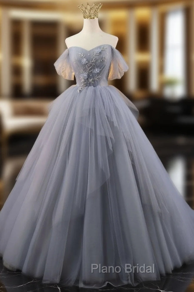 Gray Tulle Off the Shoulder Pleats Beading Formal Prom Dresses