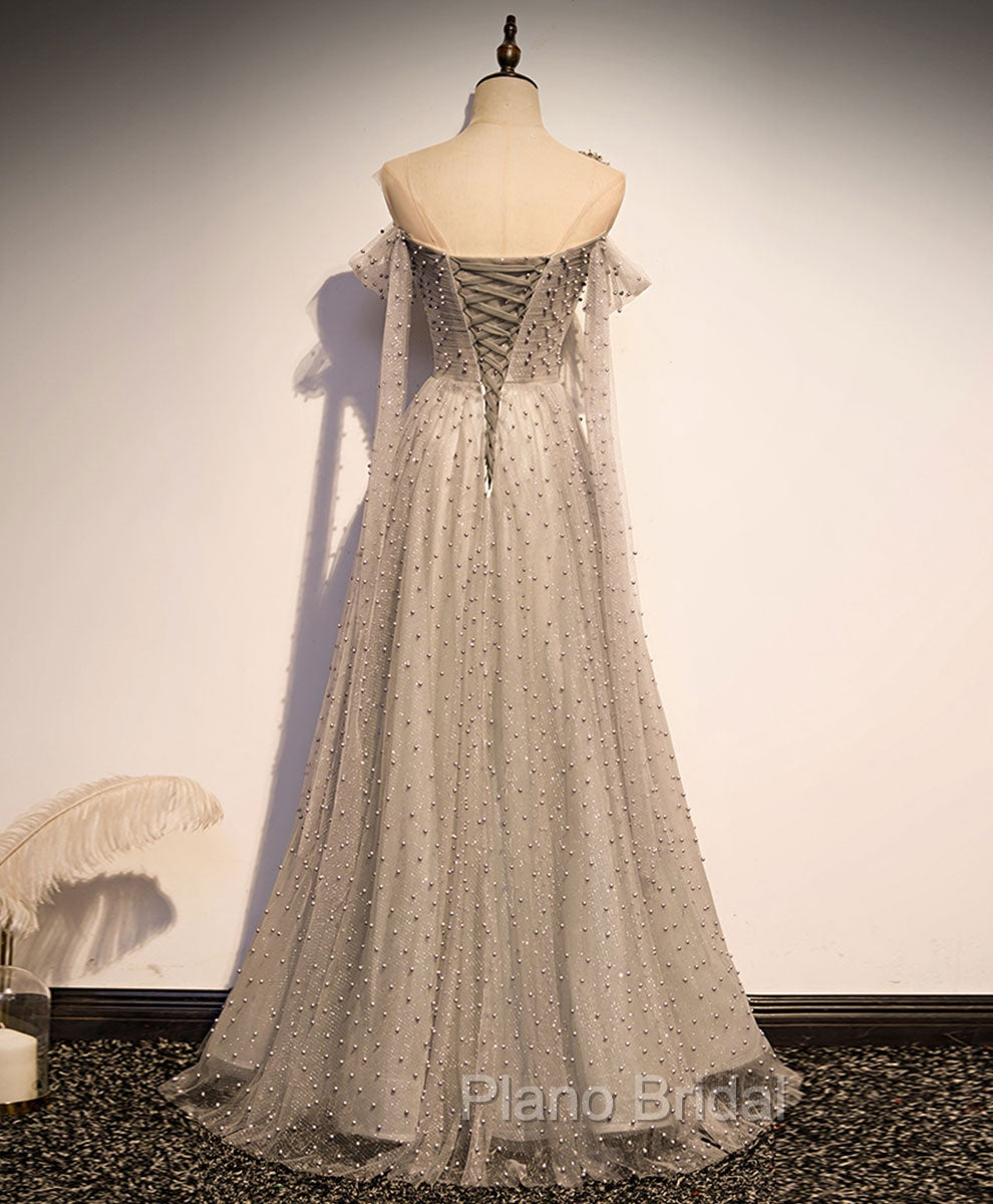 Gray Tulle One Shoulder Long Formal Prom Dresses, Gray Formal Graduation Dresses with Beading Secondary image