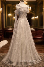 Gray Tulle One Shoulder Long Formal Prom Dresses, Gray Formal Graduation Dresses with Beading
