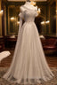 Gray Tulle One Shoulder Long Formal Prom Dresses, Gray Formal Graduation Dresses with Beading