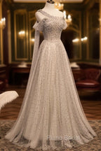 Gray Tulle One Shoulder Long Formal Prom Dresses, Gray Formal Graduation Dresses with Beading