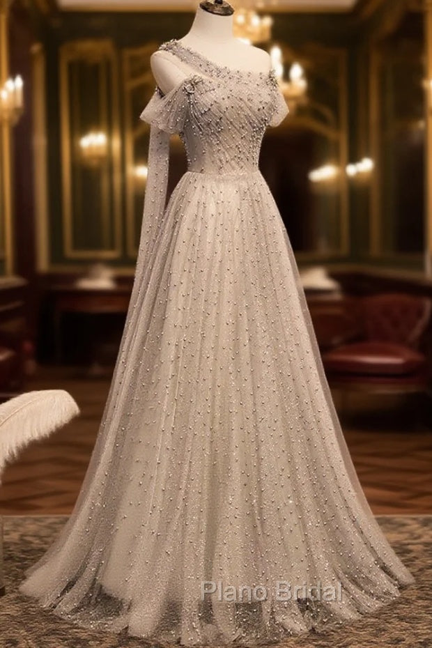 Gray Tulle One Shoulder Long Formal Prom Dresses, Gray Formal Graduation Dresses with Beading