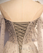 Gray Tulle One Shoulder Long Formal Prom Dresses, Gray Formal Graduation Dresses with Beading