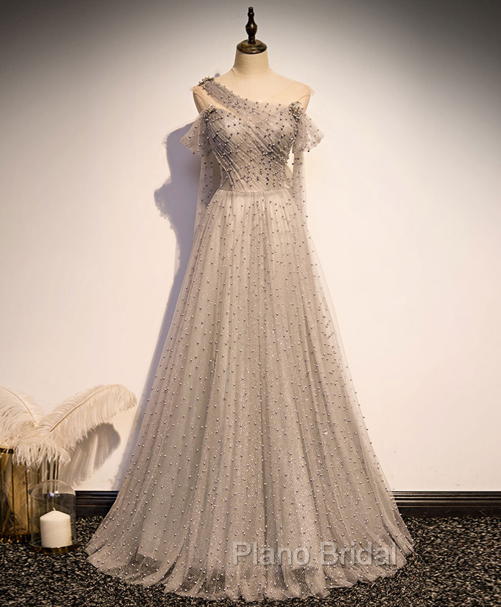 Gray Tulle One Shoulder Long Formal Prom Dresses, Gray Formal Graduation Dresses with Beading Main image