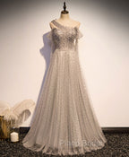 Gray Tulle One Shoulder Long Formal Prom Dresses, Gray Formal Graduation Dresses with Beading