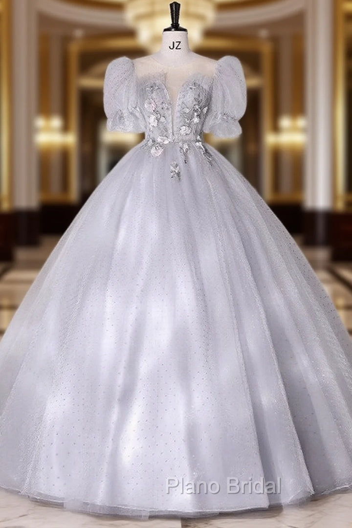 Gray Tulle Puff Sleeve Appliques Quinceanera Dresses Main image