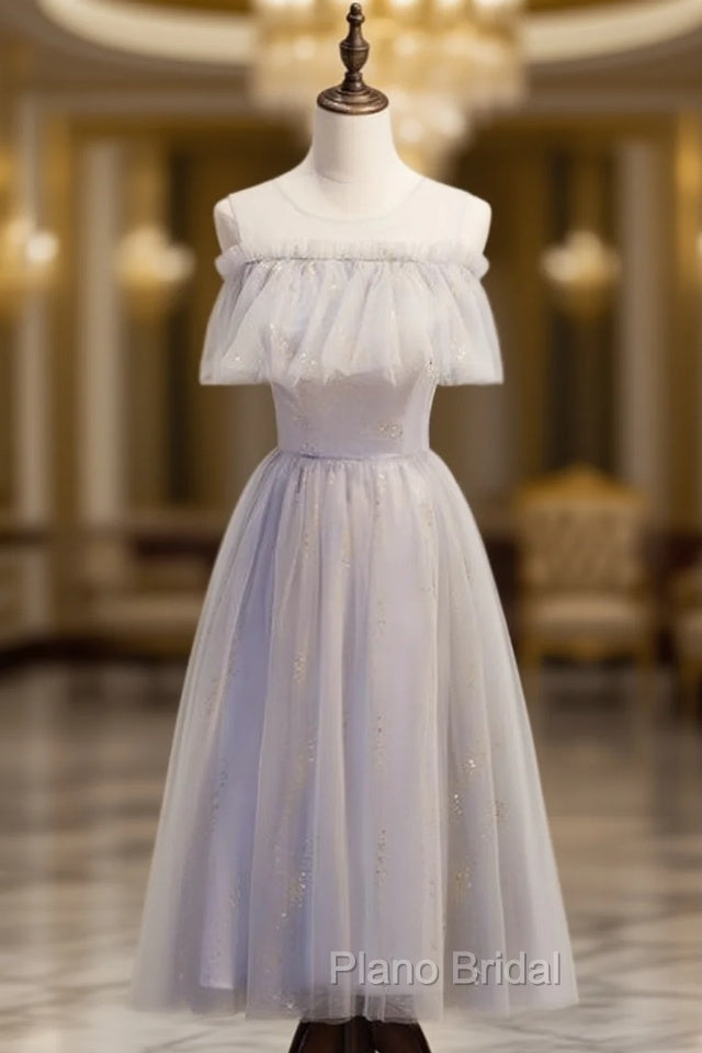 Gray Tulle Scoop Sequins Tea Length Formal Prom Dresses