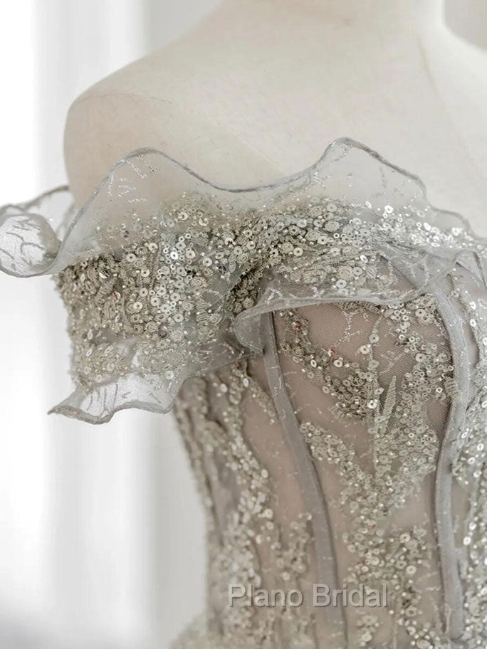 Gray Tulle Sequin Lace Off Shoulder Long Formal Prom Dresses, Gray Evening Dresses