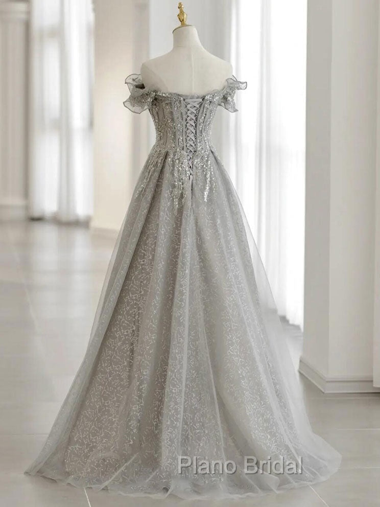 Gray Tulle Sequin Lace Off Shoulder Long Formal Prom Dresses, Gray Evening Dresses