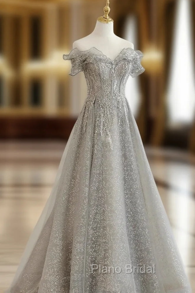 Gray Tulle Sequin Lace Off Shoulder Long Formal Prom Dresses, Gray Evening Dresses Main image