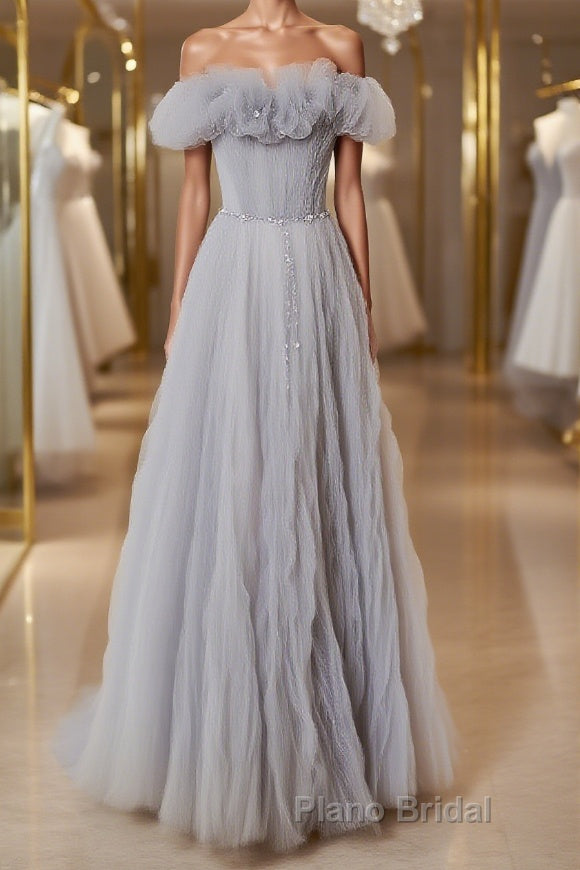 Gray tulle sequin long Formal Prom dress, gray tulle formal dress Main image