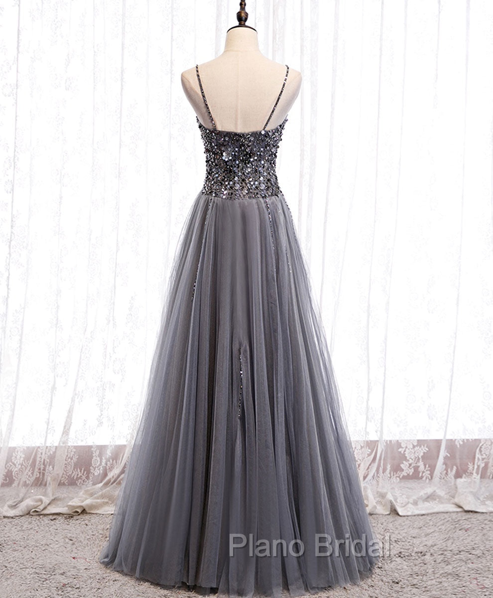 Gray Tulle Sequin Long Formal Prom Dresses, Gray Tulle Formal Dresses with Beading Sequin Secondary image