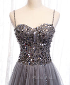 Gray Tulle Sequin Long Formal Prom Dresses, Gray Tulle Formal Dresses with Beading Sequin