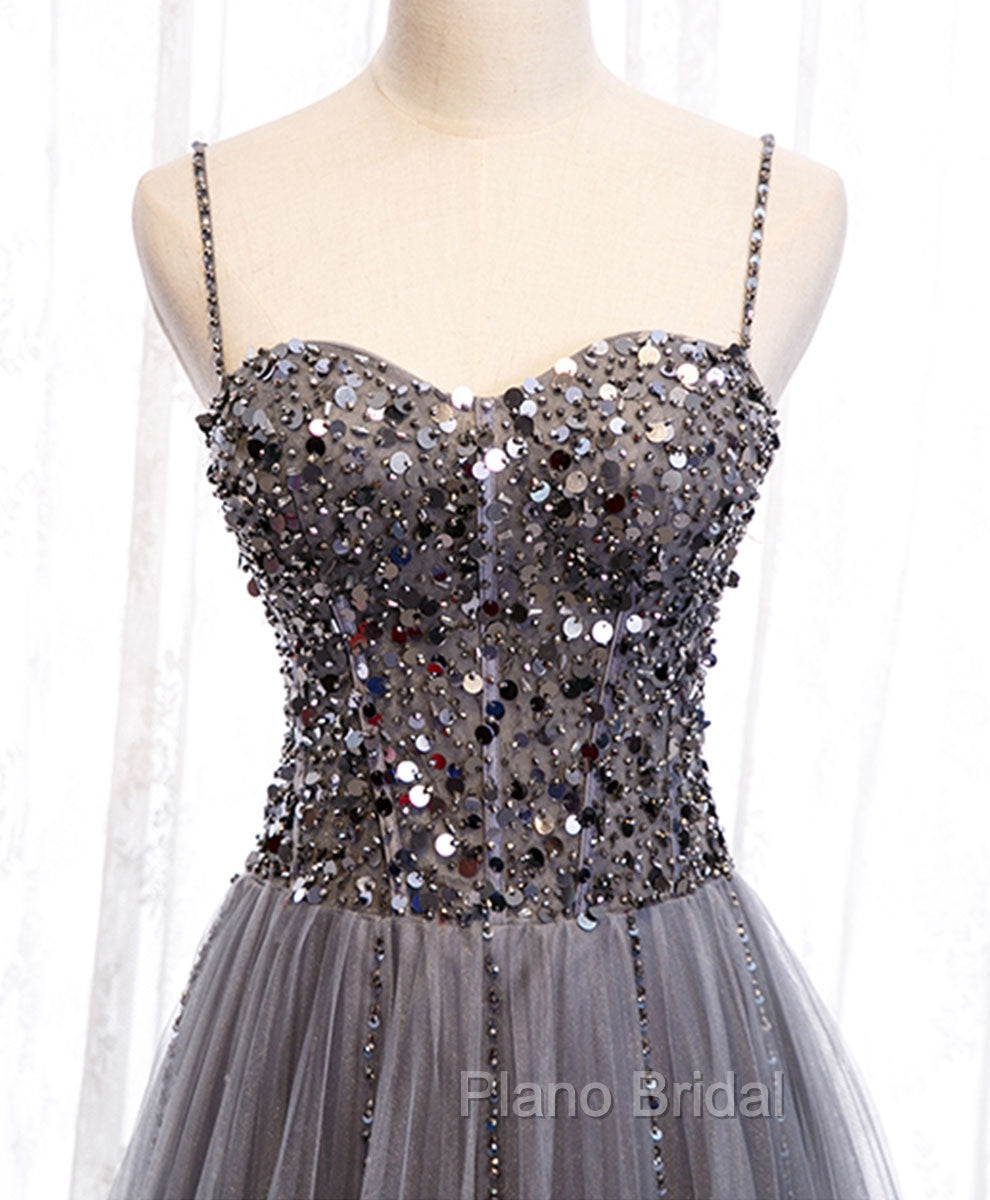 Gray Tulle Sequin Long Formal Prom Dresses, Gray Tulle Formal Dresses with Beading Sequin