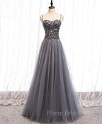 Gray Tulle Sequin Long Formal Prom Dresses, Gray Tulle Formal Dresses with Beading Sequin