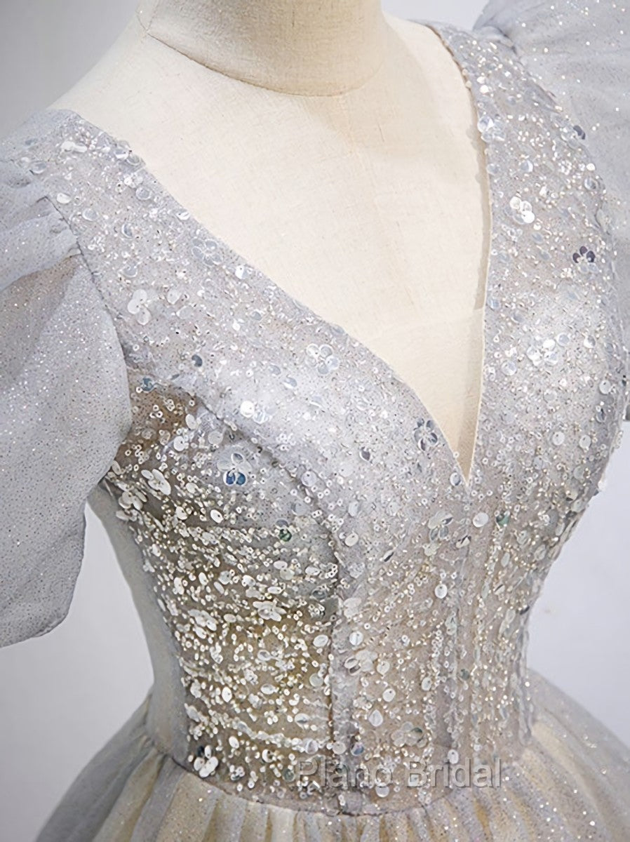 Gray Tulle Sequin Long Formal Prom Dresses, Gray Tulle Formal Graduation Dresses