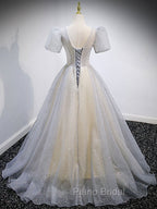 Gray Tulle Sequin Long Formal Prom Dresses, Gray Tulle Formal Graduation Dresses