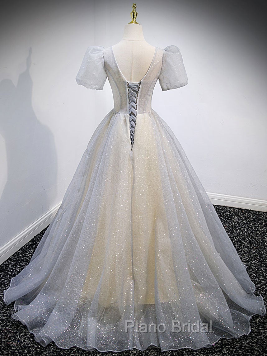 Gray Tulle Sequin Long Formal Prom Dresses, Gray Tulle Formal Graduation Dresses