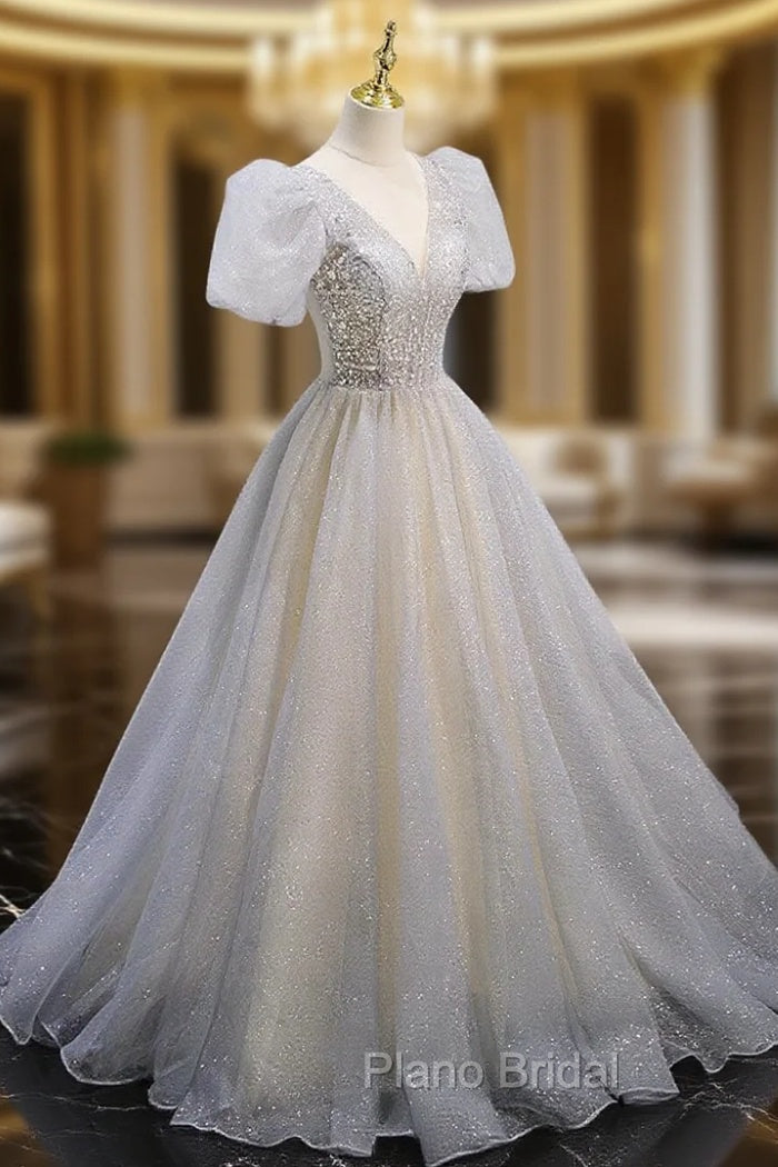 Gray Tulle Sequin Long Formal Prom Dresses, Gray Tulle Formal Graduation Dresses Main image