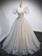 Gray Tulle Sequin Long Formal Prom Dresses, Gray Tulle Formal Graduation Dresses