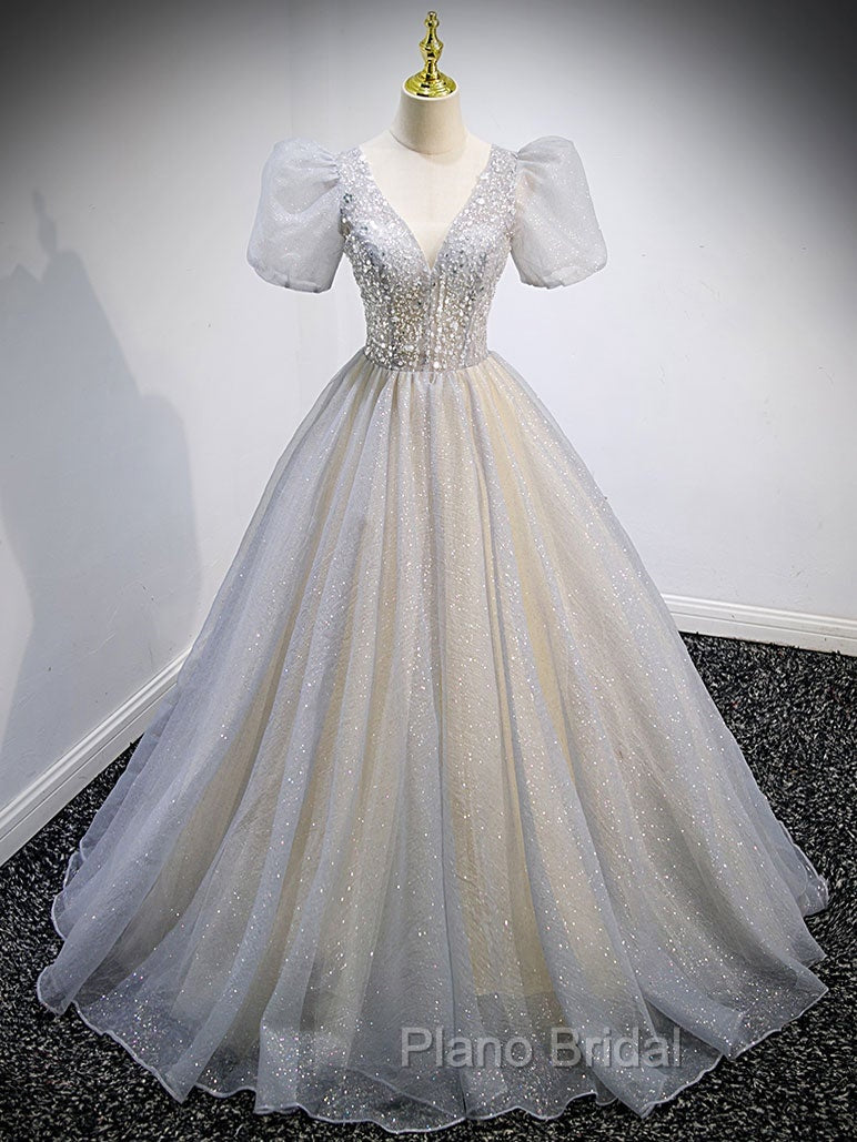 Gray Tulle Sequin Long Formal Prom Dresses, Gray Tulle Formal Graduation Dresses