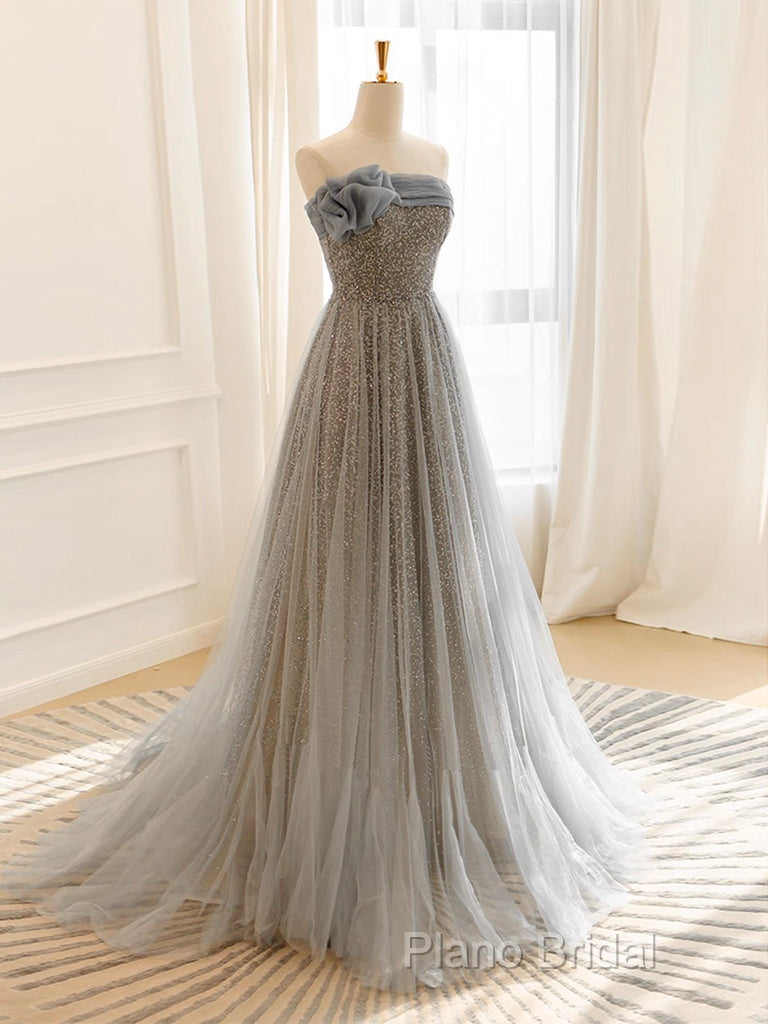 Gray Tulle Sequin Long Formal Prom Dresses, Gray Tulle Long Formal Dresses