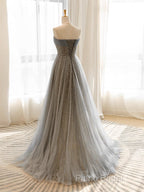Gray Tulle Sequin Long Formal Prom Dresses, Gray Tulle Long Formal Dresses