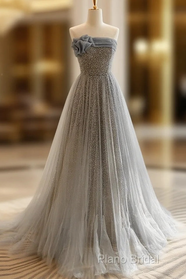 Gray Tulle Sequin Long Formal Prom Dresses, Gray Tulle Long Formal Dresses Main image
