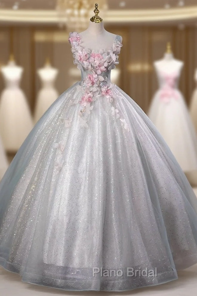 Gray Tulle Sequins 3D Flower Quinceanera Dresses Main image