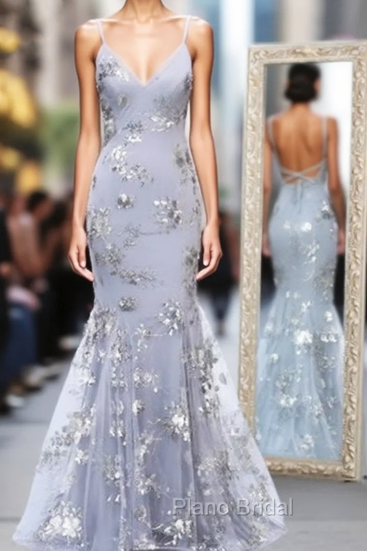 Gray Tulle Sequins Appliques Spaghetti Straps Backless Long Formal Prom Dresses Main image