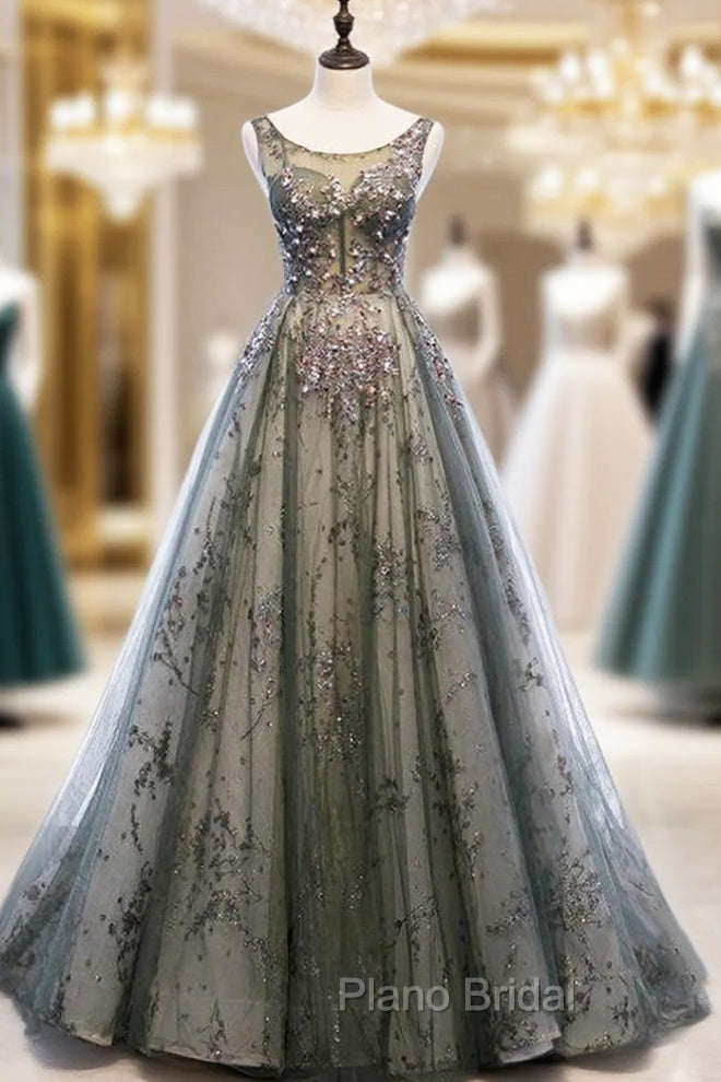 Gray Tulle Sequins Backless Sleeveless Formal Prom Dresses Main image